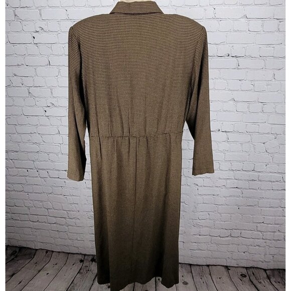 VTG Horchow Black Tan Houndstooth Long Sleeve Pleated Peak Lapel Jacket Dress 12 - Picture 2 of 15